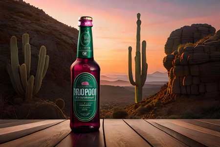 Bottle of mexican liquor with cactus. mexican mescal is a brand of alcoholic beverage, produced in Mexico and widely distributed throughout the world. green and pink brandingの素材