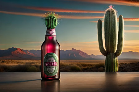 Bottle of mexican liquor with cactus. mexican mescal is a brand of alcoholic beverage, produced in Mexico and widely distributed throughout the world. green and pink brandingの素材