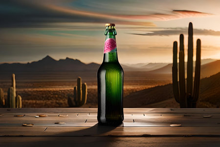 Bottle of mexican liquor with cactus. mexican mescal is a brand of alcoholic beverage, produced in Mexico and widely distributed throughout the world. green and pink brandingの素材