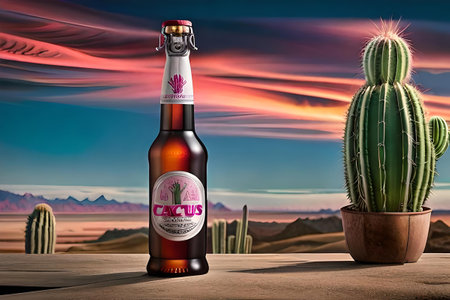 Bottle of mexican liquor with cactus. mexican mescal is a brand of alcoholic beverage, produced in Mexico and widely distributed throughout the world. green and pink brandingの素材