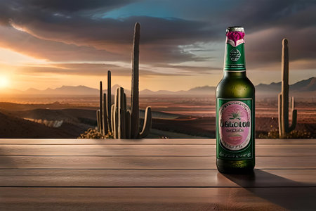 Bottle of mexican liquor with cactus. mexican mescal is a brand of alcoholic beverage, produced in Mexico and widely distributed throughout the world. green and pink brandingの素材