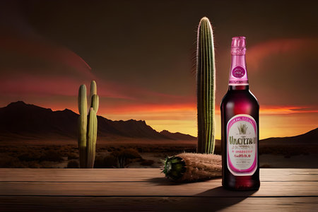 Bottle of mexican liquor with cactus. mexican mescal is a brand of alcoholic beverage, produced in Mexico and widely distributed throughout the world. green and pink brandingの素材
