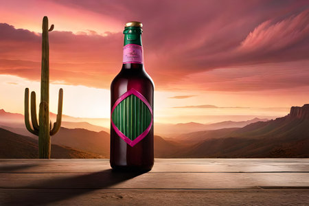 Bottle of mexican liquor with cactus. mexican mescal is a brand of alcoholic beverage, produced in Mexico and widely distributed throughout the world. green and pink brandingの素材