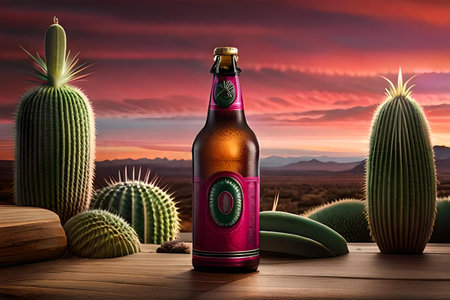 Bottle of mexican liquor with cactus. mexican mescal is a brand of alcoholic beverage, produced in Mexico and widely distributed throughout the world. green and pink brandingの素材