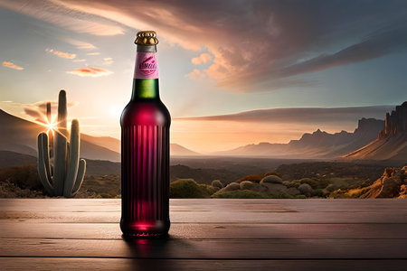 Bottle of mexican liquor with cactus. mexican mescal is a brand of alcoholic beverage, produced in Mexico and widely distributed throughout the world. green and pink brandingの素材