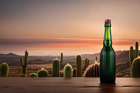 Bottle of mexican liquor with cactus. mexican mescal is a brand of alcoholic beverage, produced in Mexico and widely distributed throughout the world. green and pink brandingの素材