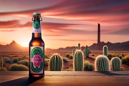 Bottle of mexican liquor with cactus. mexican mescal is a brand of alcoholic beverage, produced in Mexico and widely distributed throughout the world. green and pink brandingの素材