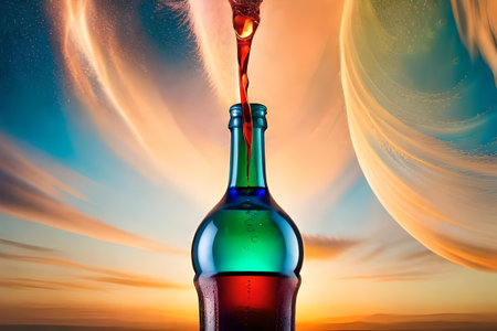 colorful illustration of a bottle of soda on the colorful wavy background , flavorful drink juice advertising.の素材