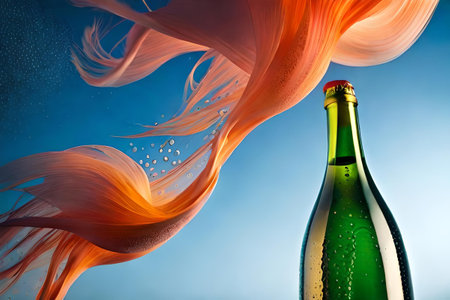 colorful illustration of a bottle of soda on the colorful wavy background , flavorful drink juice advertising.の素材
