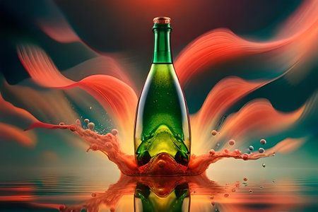 colorful illustration of a bottle of soda on the colorful wavy background , flavorful drink juice advertising.の素材