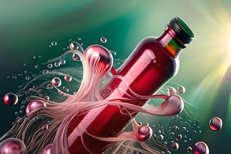 colorful illustration of a bottle of soda on the colorful wavy background , flavorful drink juice advertising.の素材