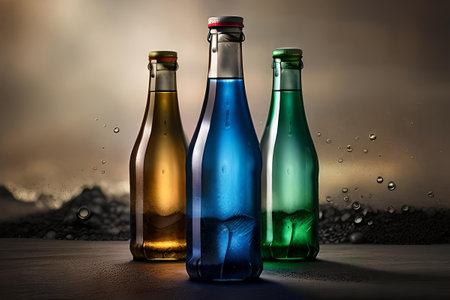 colorful illustration of a bottle of soda on the colorful wavy background , flavorful drink juice advertising.の素材