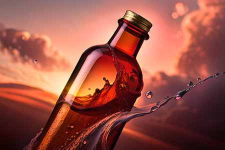 colorful illustration of a bottle of soda on the colorful wavy background , flavorful drink juice advertising.の素材