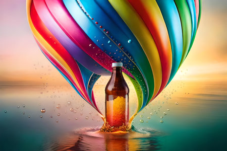 colorful illustration of a bottle of soda on the colorful wavy background , flavorful drink juice advertising.の素材