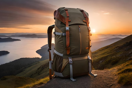 survivalism and hinkind backpack in a natural and wild environment.の素材