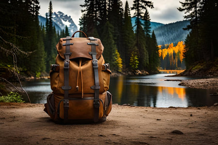 survivalism and hinkind backpack in a natural and wild environment.の素材