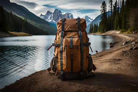 survivalism and hinkind backpack in a natural and wild environment.の素材