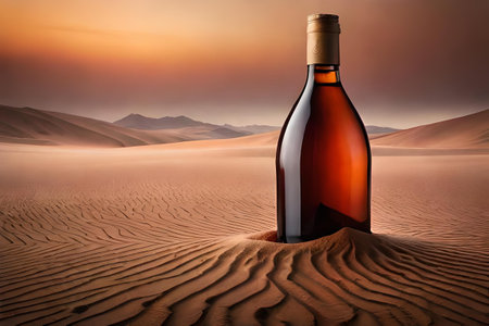 Bottle of wine or liquor in the desert at sunset. Concept image.の素材