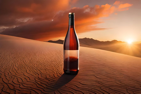 Bottle of wine or liquor in the desert at sunset. Concept image.の素材