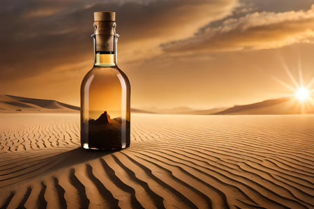 Bottle of wine or liquor in the desert at sunset. Concept image.の素材