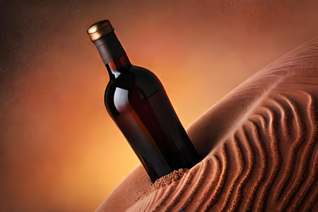 Bottle of wine or liquor in the desert at sunset. Concept image.の素材