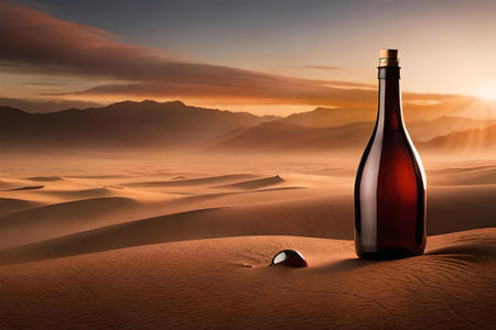 Bottle of wine or liquor in the desert at sunset. Concept image.の素材