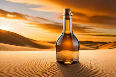 Bottle of wine or liquor in the desert at sunset. Concept image.の素材