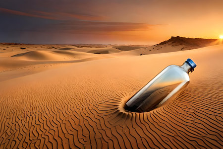 Bottle of wine or liquor in the desert at sunset. Concept image.の素材