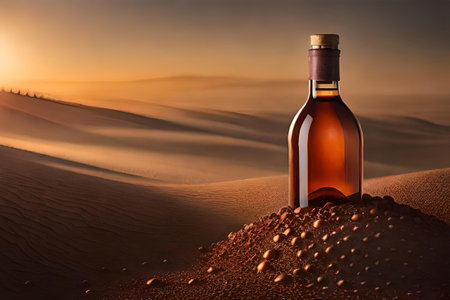 Bottle of wine or liquor in the desert at sunset. Concept image.の素材