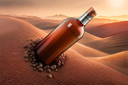 Bottle of wine or liquor in the desert at sunset. Concept image.の素材