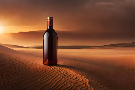 Bottle of wine or liquor in the desert at sunset. Concept image.の素材