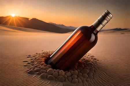 Bottle of wine or liquor in the desert at sunset. Concept image.の素材