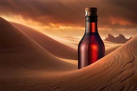 Bottle of wine or liquor in the desert at sunset. Concept image.の素材