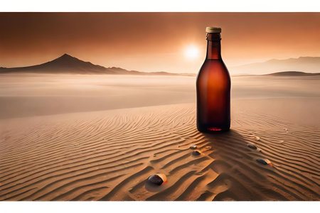 Bottle of wine or liquor in the desert at sunset. Concept image.の素材