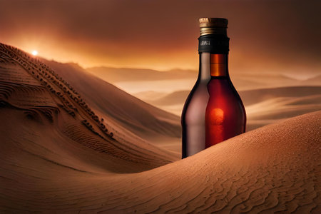 Bottle of wine or liquor in the desert at sunset. Concept image.の素材
