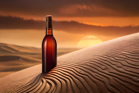 Bottle of wine or liquor in the desert at sunset. Concept image.の素材