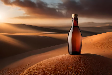 Bottle of wine or liquor in the desert at sunset. Concept image.の素材