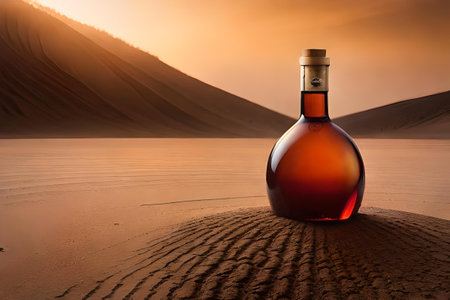 Bottle of wine or liquor in the desert at sunset. Concept image.の素材