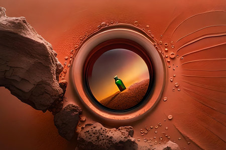 Bottle of wine or liquor in the desert at sunset. Concept image.の素材