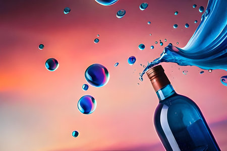 bottle of juice, soda or liquor on colorful background with water drops and waves , colorful and dynamic beverage advertisingの素材