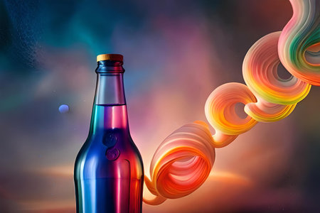bottle of juice, soda or liquor on colorful background with water drops and waves , colorful and dynamic beverage advertisingの素材