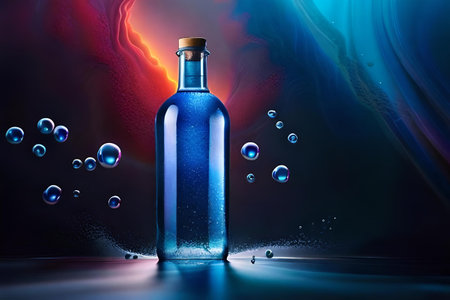 bottle of juice, soda or liquor on colorful background with water drops and waves , colorful and dynamic beverage advertisingの素材