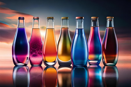 bottle of juice, soda or liquor on colorful background with water drops and waves , colorful and dynamic beverage advertisingの素材