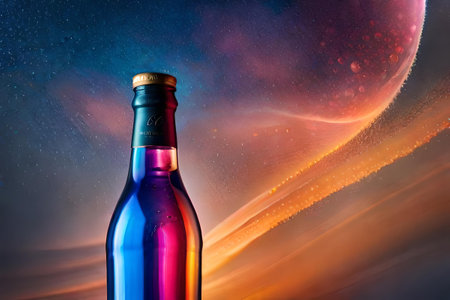 bottle of juice, soda or liquor on colorful background with water drops and waves , colorful and dynamic beverage advertisingの素材