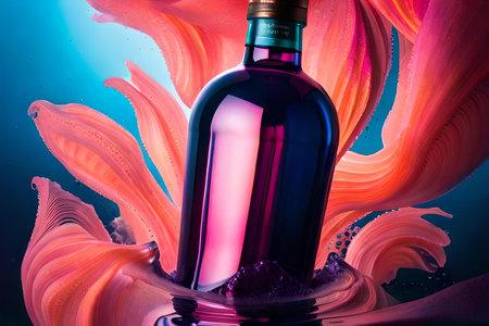 bottle of juice, soda or liquor on colorful background with water drops and waves , colorful and dynamic beverage advertisingの素材
