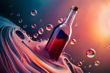 bottle of juice, soda or liquor on colorful background with water drops and waves , colorful and dynamic beverage advertisingの素材