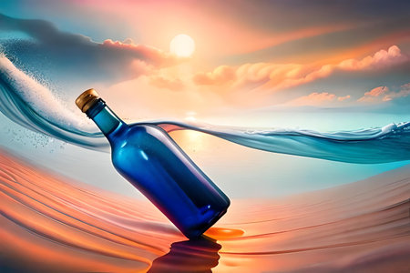 bottle of juice, soda or liquor on colorful background with water drops and waves , colorful and dynamic beverage advertisingの素材