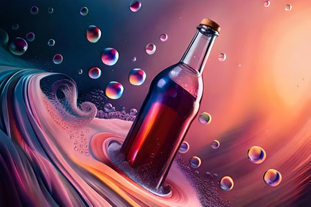 bottle of juice, soda or liquor on colorful background with water drops and waves , colorful and dynamic beverage advertisingの素材