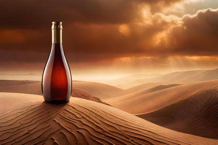 Bottle of wine or liquor in the desert at sunset. Concept image.の素材
