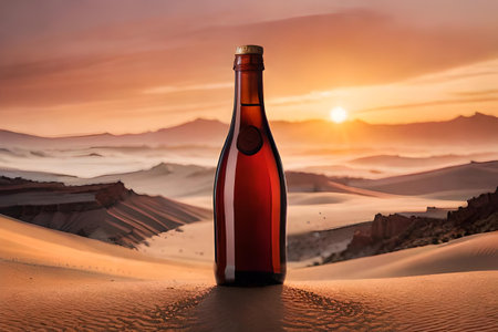 Bottle of wine or liquor in the desert at sunset. Concept image.の素材